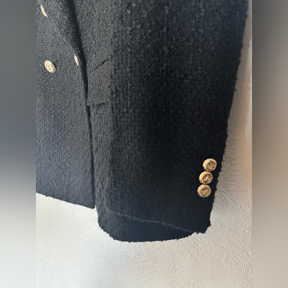 RARE Zara Black Textured Weave Tweed Double Breasted Gold Buttons Blazer Jacket - Picture 8 of 16